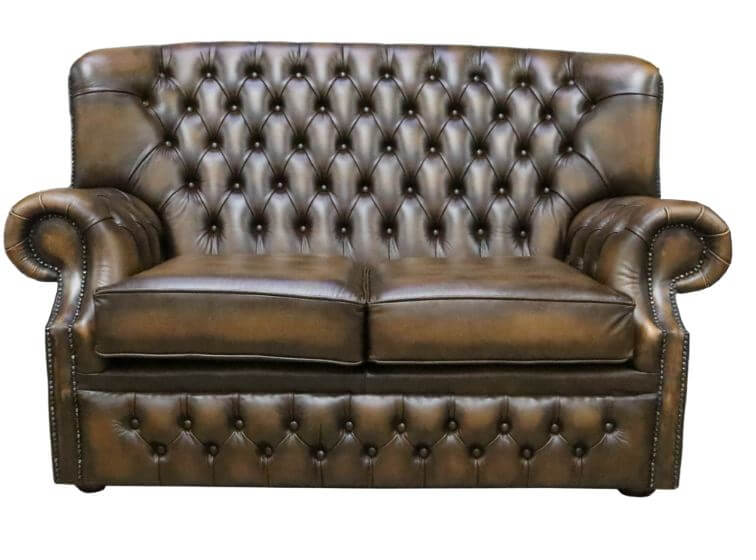 Product photograph of Chesterfield Handmade 2 Seater Sofa Antique Gold Leather In Monks Style from Chesterfield Sofas