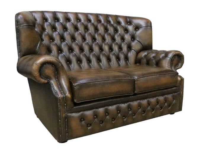 Product photograph of Chesterfield Handmade 2 Seater Sofa Antique Gold Leather In Monks Style from Chesterfield Sofas.