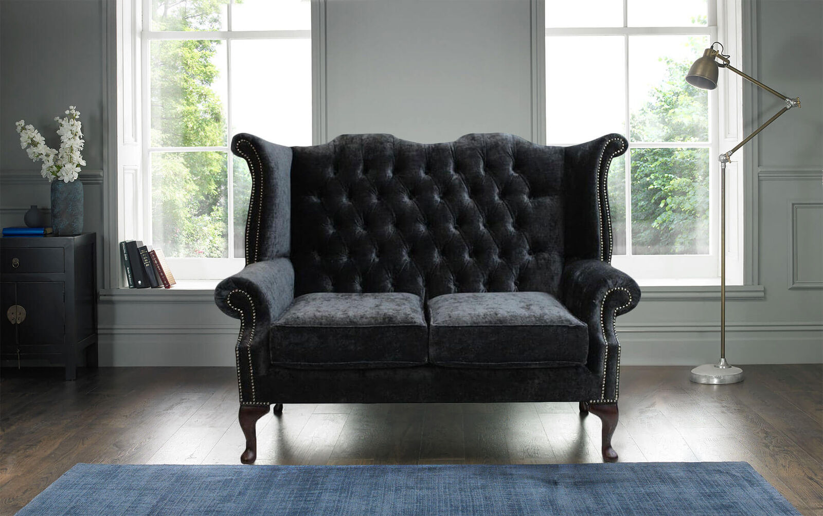 Product photograph of Chesterfield Handmade 2 Seater Sofa Modena Black Fabric In Queen Anne Style from Chesterfield Sofas
