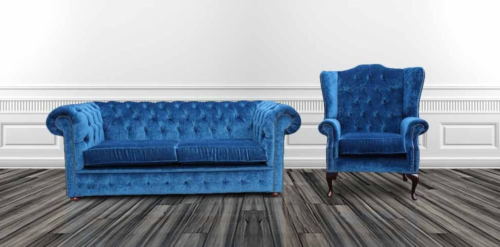 Product photograph of Chesterfield Handmade 2 Seater Wing Chair Velluto Royal Blue Velvet Fabric Sofa Suite from Chesterfield Sofas