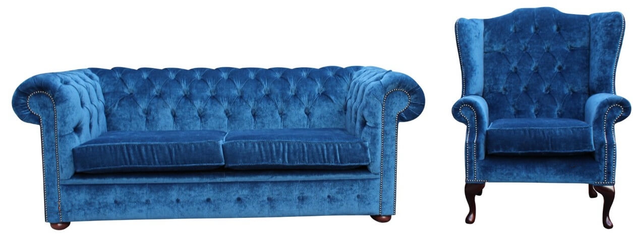 Product photograph of Chesterfield Handmade 2 Seater Wing Chair Velluto Royal Blue Velvet Fabric Sofa Suite from Chesterfield Sofas.