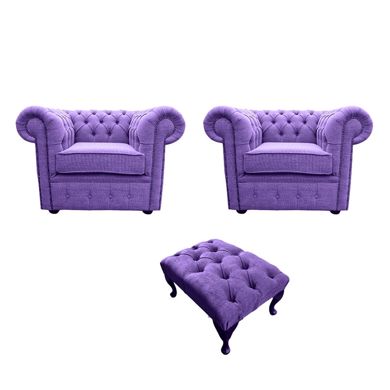 Product photograph of Chesterfield Handmade 2 X Club Chairs Footstool Verity Purple Fabric Sofa Suite from Chesterfield Sofas