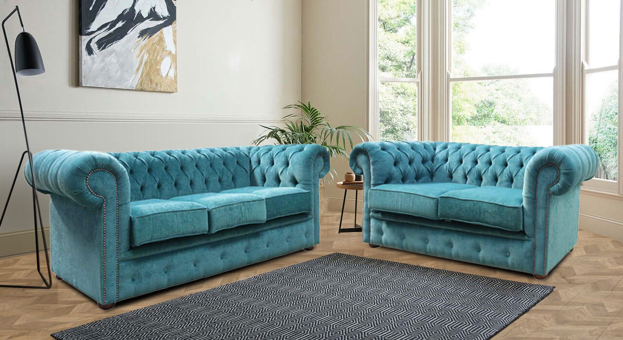 Product photograph of Chesterfield Handmade 3 2 Seater Sofa Suite Pimlico Petrol Fabric In Classic Style from Chesterfield Sofas