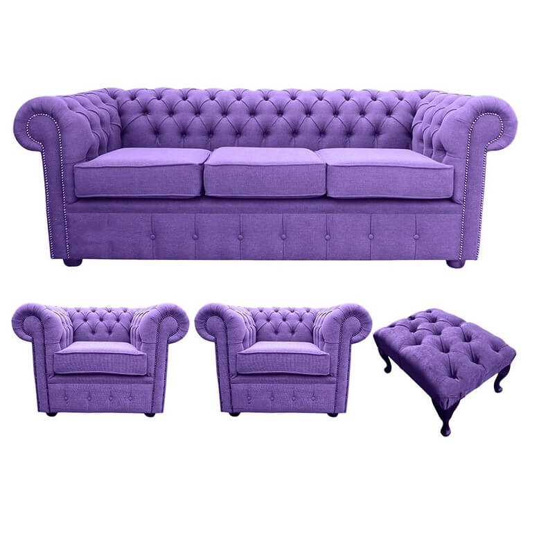 Product photograph of Chesterfield Handmade 3 Seater 2 X Club Chairs Footstool Verity Purple Fabric Sofa Suite from Chesterfield Sofas