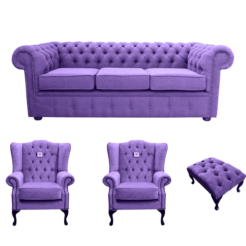 Product photograph of Chesterfield Handmade 3 Seater 2 X Mallory Chairs Footstool Verity Purple Fabric Sofa Suite from Chesterfield Sofas