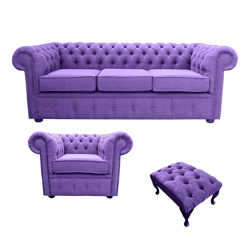 Product photograph of Chesterfield Handmade 3 Seater Club Chair Footstool Verity Purple Fabric Sofa Suite from Chesterfield Sofas