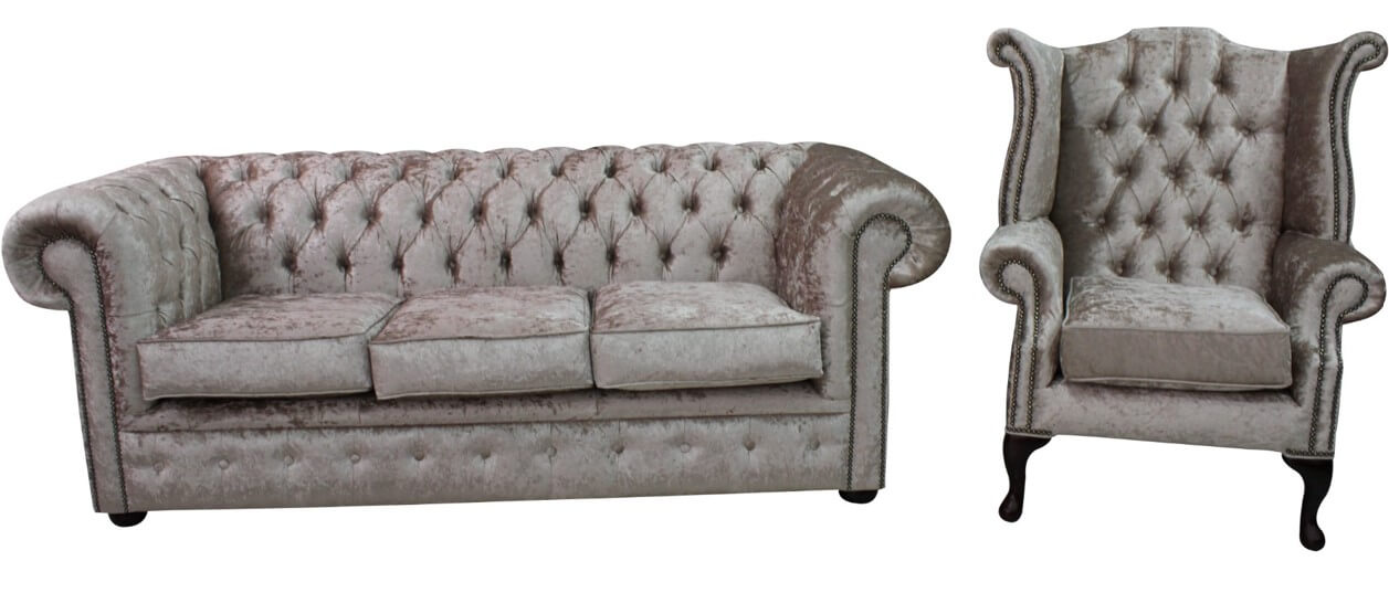 Product photograph of Chesterfield Handmade 3 Seater Queen Anne Chair Shimmer Mink Velvet Fabric Sofa Suite from Chesterfield Sofas