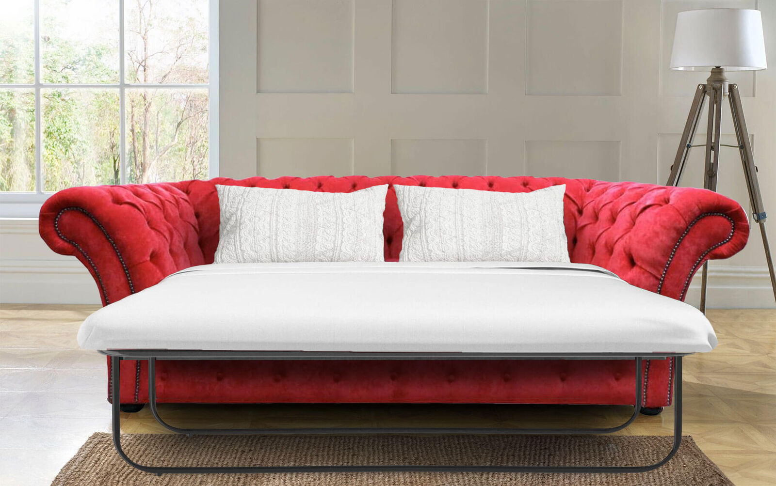 Product photograph of Chesterfield Handmade 3 Seater Sofa Bed Pimlico Rouge Red Fabric In Balmoral Style from Chesterfield Sofas