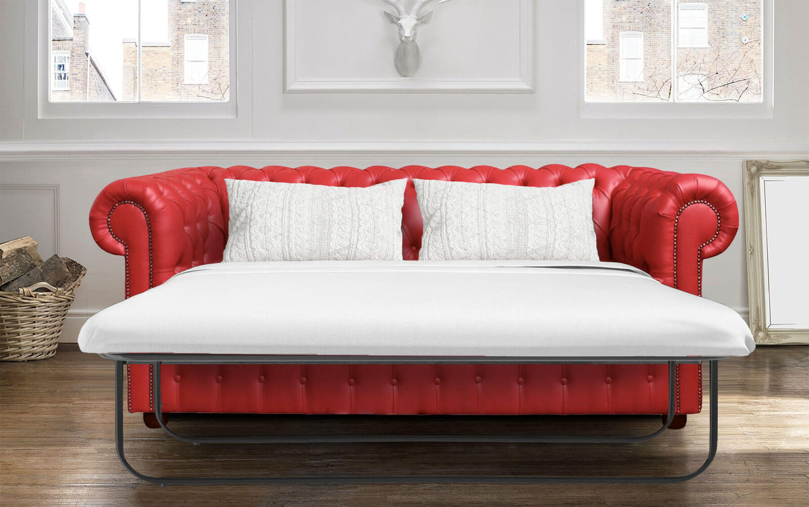 Product photograph of Chesterfield Handmade 3 Seater Sofa Bed Red Faux Leather In Classic Style from Chesterfield Sofas