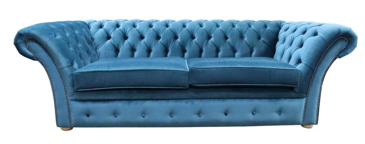 Product photograph of Chesterfield Handmade 3 Seater Sofa Malta Peacock Blue Velvet Fabric In Balmoral Style from Chesterfield Sofas