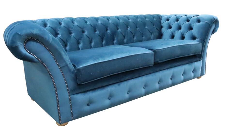 Product photograph of Chesterfield Handmade 3 Seater Sofa Malta Peacock Blue Velvet Fabric In Balmoral Style from Chesterfield Sofas.