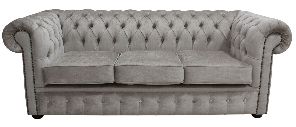 Product photograph of Chesterfield Handmade 3 Seater Sofa Perla Oyster Grey Velvet Fabric In Classic Style from Chesterfield Sofas