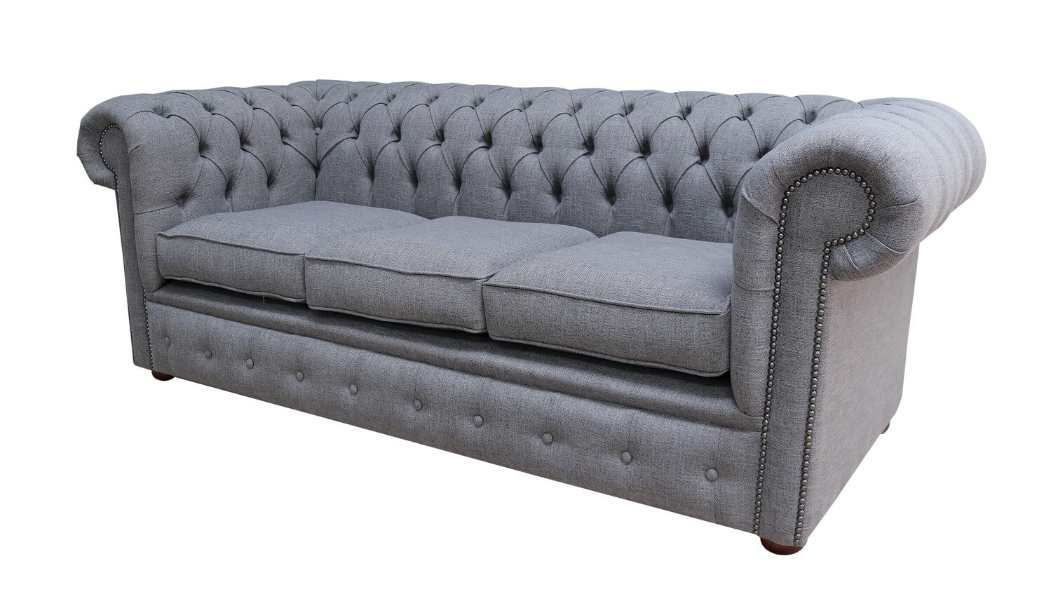 Product photograph of Chesterfield Handmade 3 Seater Sofa Settee Bacio Pewter Grey Fabric In Classic Style from Chesterfield Sofas.