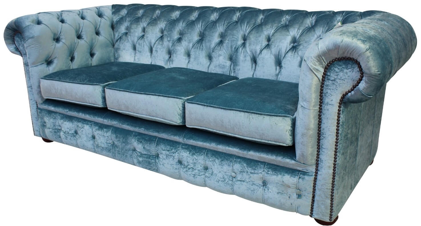 Product photograph of Chesterfield Handmade 3 Seater Sofa Settee Boutique Sky Blue Velvet Fabric In Classic Style from Chesterfield Sofas.