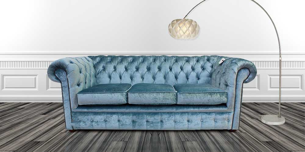 Product photograph of Chesterfield Handmade 3 Seater Sofa Settee Boutique Sky Blue Velvet Fabric In Classic Style from Chesterfield Sofas.