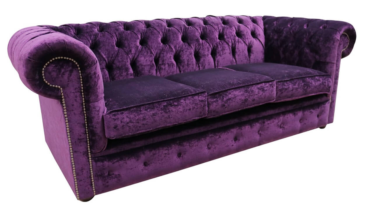Product photograph of Chesterfield Handmade 3 Seater Sofa Settee Modena Aubergine Purple Velvet Fabric In Classic Style from Chesterfield Sofas.