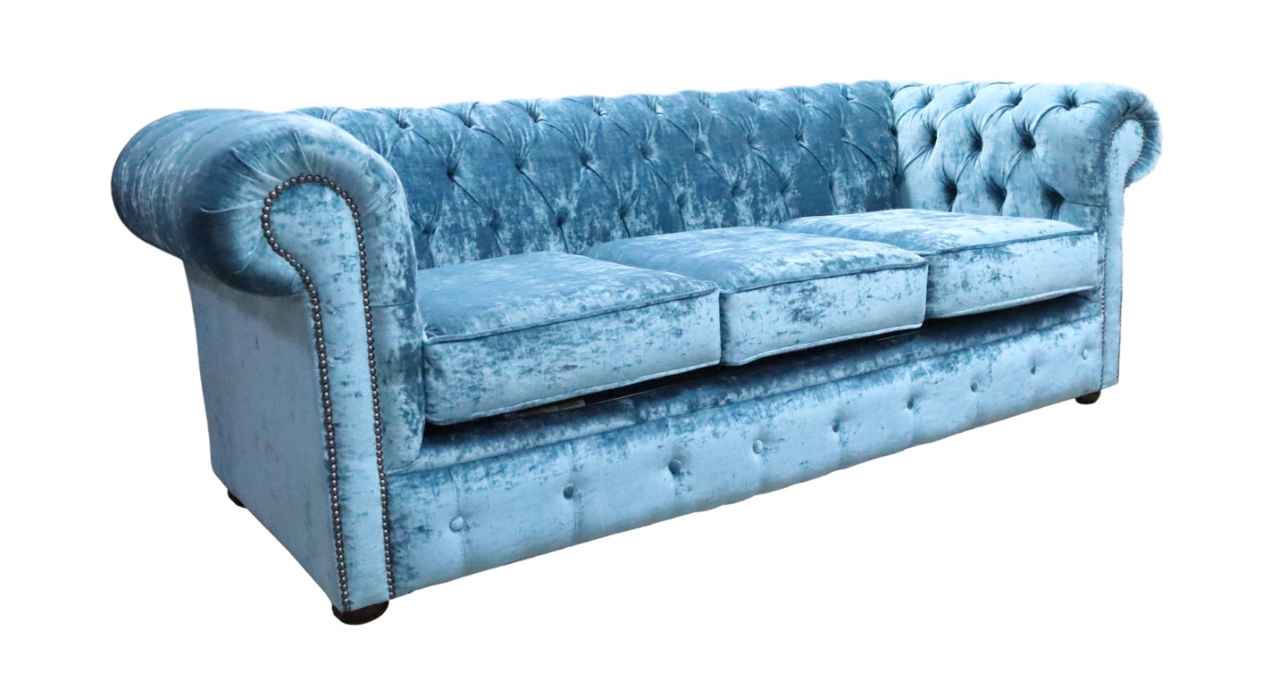 Product photograph of Chesterfield Handmade 3 Seater Sofa Settee Modena Denim Blue Velvet Fabric In Classic Style from Chesterfield Sofas.