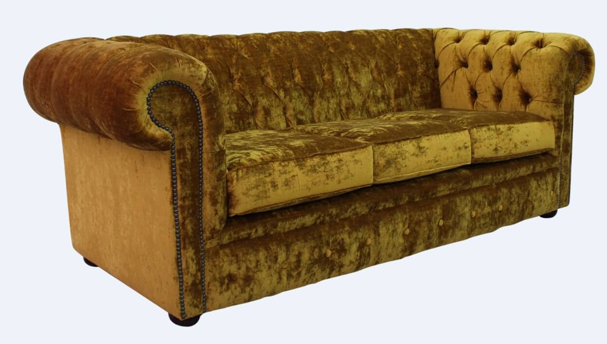 Product photograph of Chesterfield Handmade 3 Seater Sofa Settee Modena Gold Velvet Fabric In Classic Style from Chesterfield Sofas.