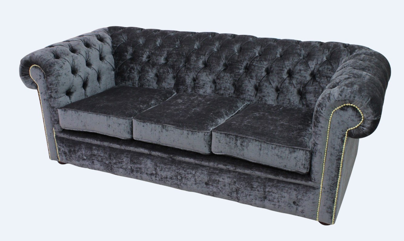 Product photograph of Chesterfield Handmade 3 Seater Sofa Settee Pastiche Steel Grey Velvet Fabric In Classic Style from Chesterfield Sofas.