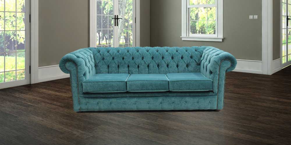 Product photograph of Chesterfield Handmade 3 Seater Sofa Settee Pimlico Teal Blue Fabric In Classic Style from Chesterfield Sofas