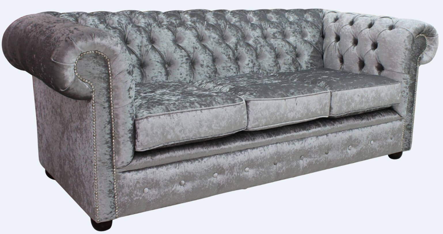 Product photograph of Chesterfield Handmade 3 Seater Sofa Settee Shimmer Silver Grey Velvet Fabric In Classic Style from Chesterfield Sofas.