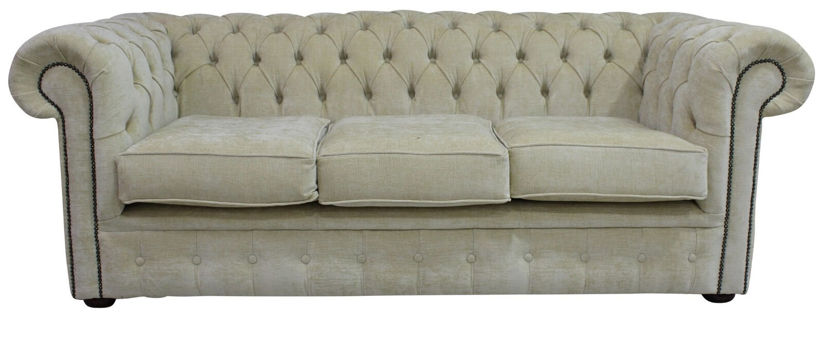 Product photograph of Chesterfield Handmade 3 Seater Sofa Settee Velluto Chiffon Beige Fabric In Classic Style from Chesterfield Sofas