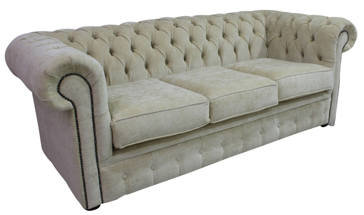 Product photograph of Chesterfield Handmade 3 Seater Sofa Settee Velluto Chiffon Beige Fabric In Classic Style from Chesterfield Sofas.