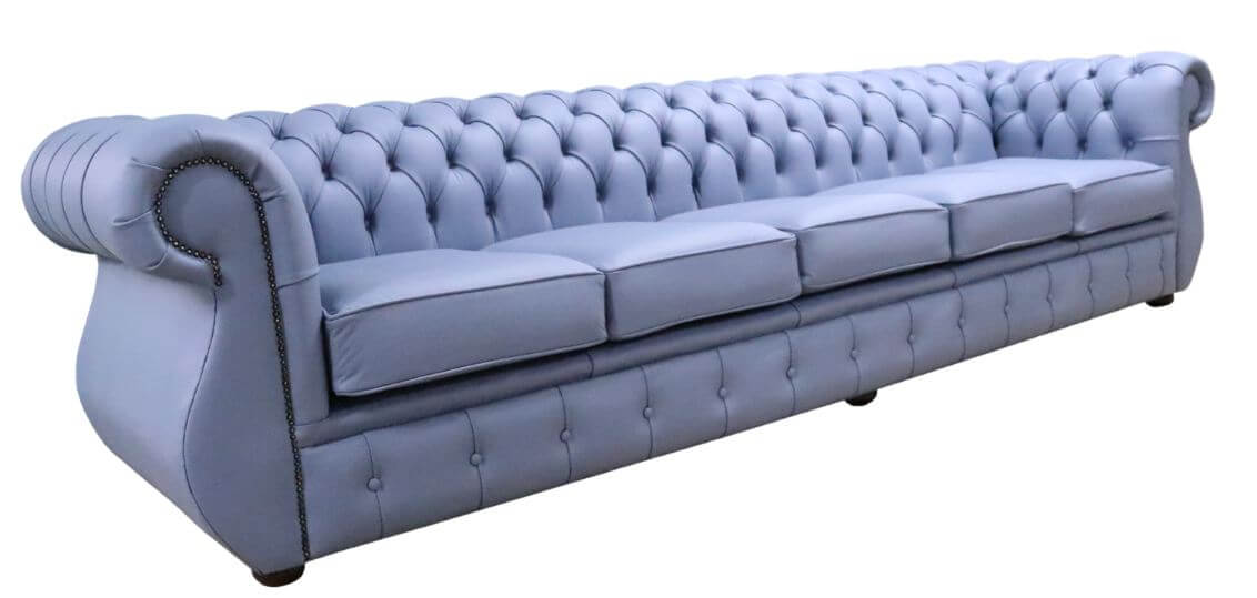 Product photograph of Chesterfield Handmade 5 Seater Shelly Iceblast Blue Leather Sofa In Kimberley Style from Chesterfield Sofas.