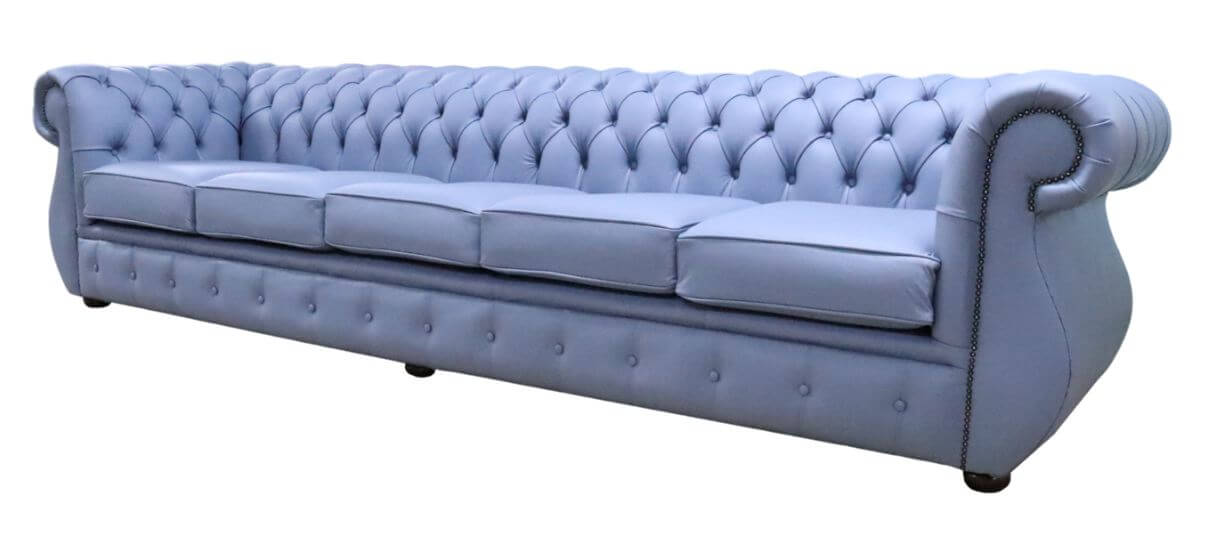 Product photograph of Chesterfield Handmade 5 Seater Shelly Iceblast Blue Leather Sofa In Kimberley Style from Chesterfield Sofas.