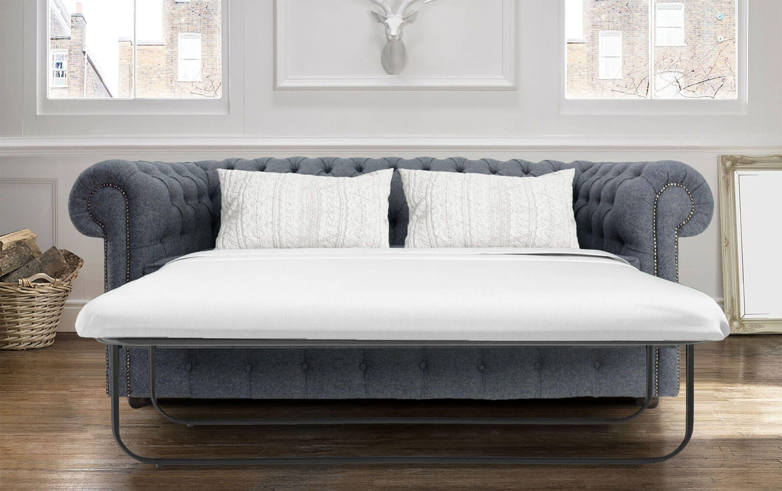 Product photograph of Chesterfield Handmade Arnold 3 Seater Sofa Bed Grey Wool In Classic Style from Chesterfield Sofas