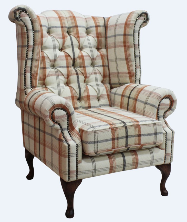 Product photograph of Chesterfield High Back Armchair Balmoral Autumn Checked Fabric In Queen Anne Style from Chesterfield Sofas