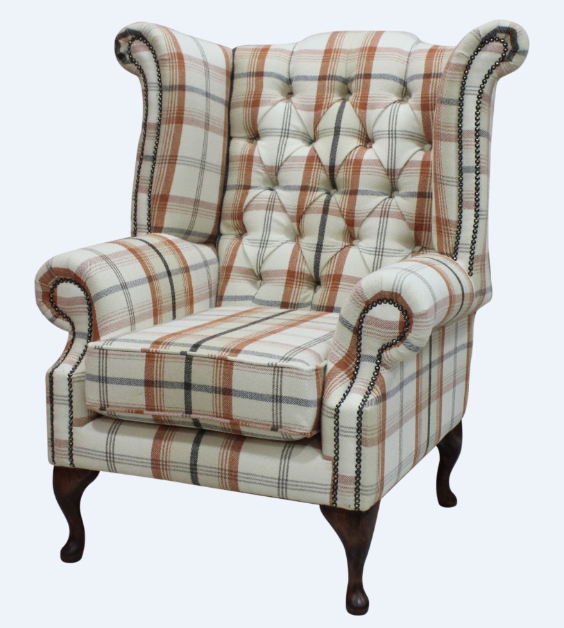 Product photograph of Chesterfield High Back Armchair Balmoral Autumn Checked Fabric In Queen Anne Style from Chesterfield Sofas.