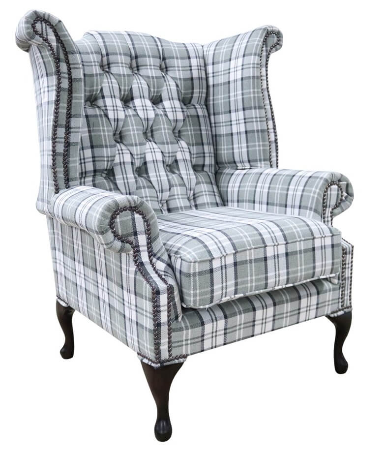 Product photograph of Chesterfield High Back Armchair Piazza Grey Check Fabric In Queen Anne Style from Chesterfield Sofas