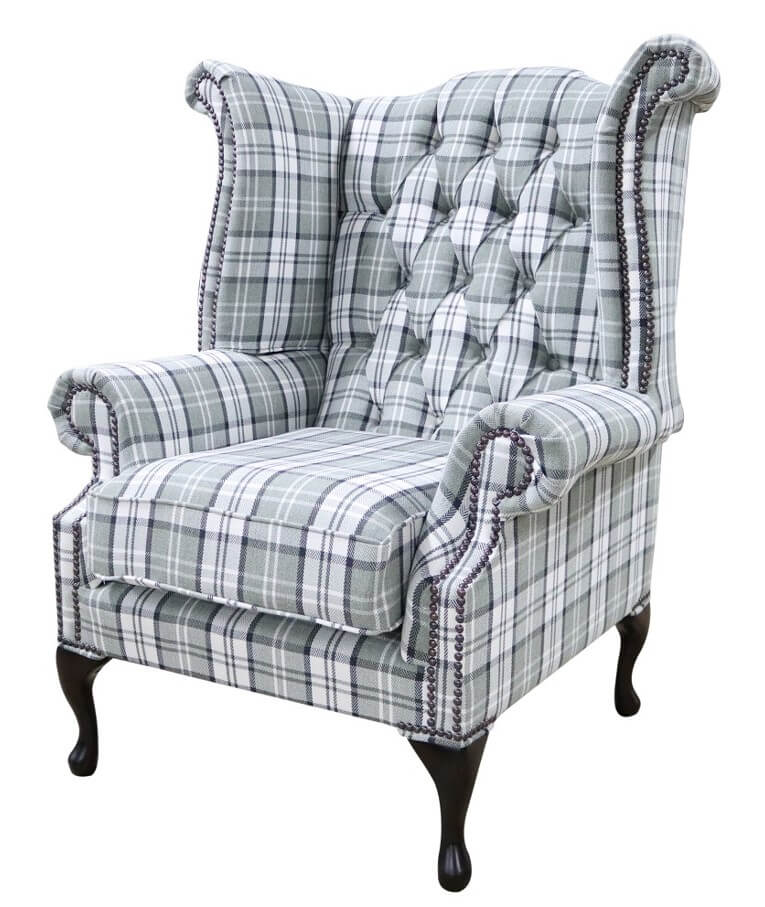 Product photograph of Chesterfield High Back Armchair Piazza Grey Check Fabric In Queen Anne Style from Chesterfield Sofas.