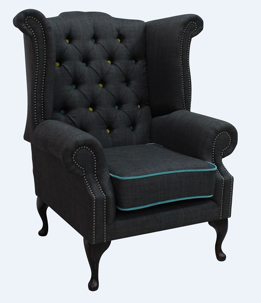 Product photograph of Chesterfield High Back Chair Charles Charcoal Blue Trim Linen Fabric In Queen Anne Style from Chesterfield Sofas