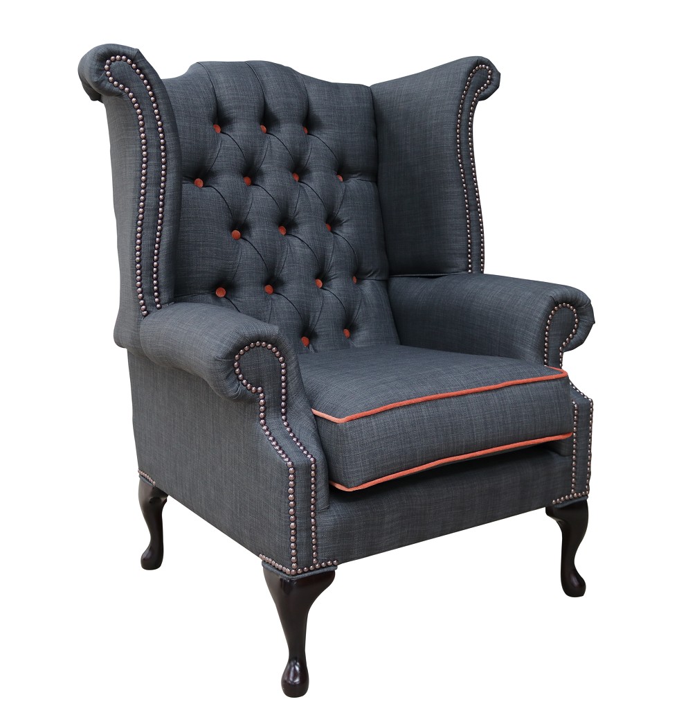 Product photograph of Chesterfield High Back Chair Charles Charcoal Orange Trim Linen Fabric In Queen Anne Style from Chesterfield Sofas