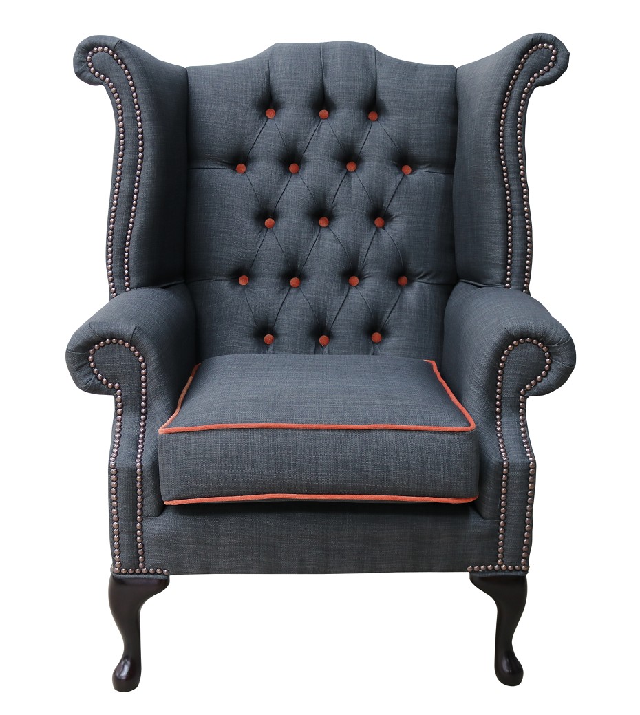 Product photograph of Chesterfield High Back Chair Charles Charcoal Orange Trim Linen Fabric In Queen Anne Style from Chesterfield Sofas.