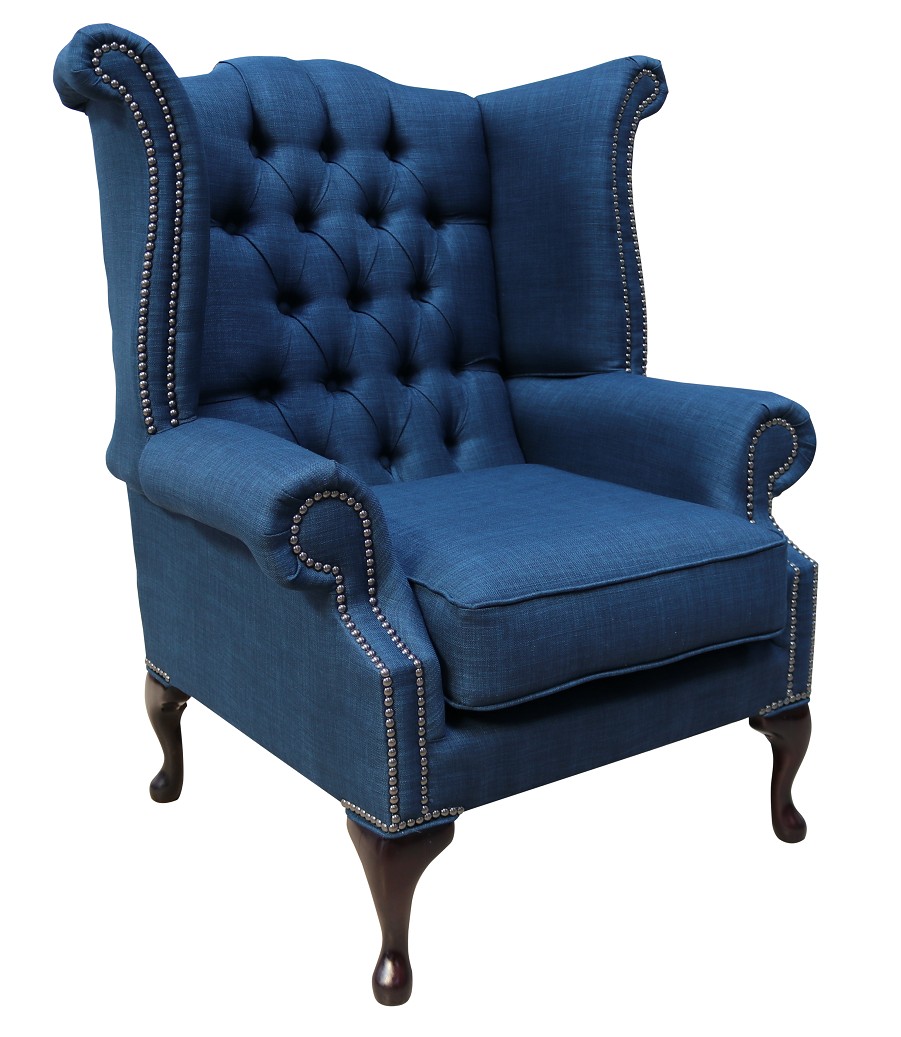 Product photograph of Chesterfield High Back Chair Charles Midnight Blue Linen Fabric In Queen Anne Style from Chesterfield Sofas