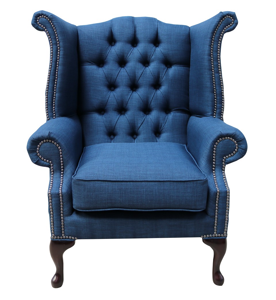 Product photograph of Chesterfield High Back Chair Charles Midnight Blue Linen Fabric In Queen Anne Style from Chesterfield Sofas.