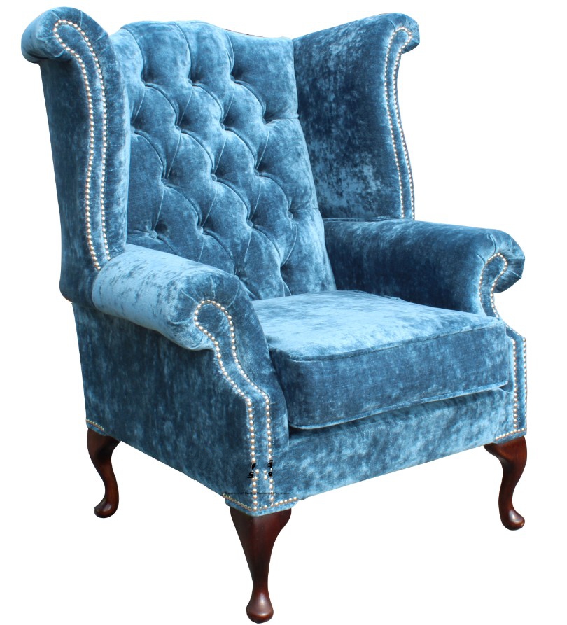 Product photograph of Chesterfield High Back Chair Elegance Teal Velvet Fabric In Bespoke Queen Anne Style from Chesterfield Sofas.
