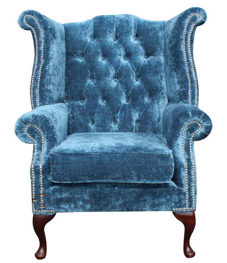 Product photograph of Chesterfield High Back Chair Elegance Teal Velvet Fabric In Bespoke Queen Anne Style from Chesterfield Sofas