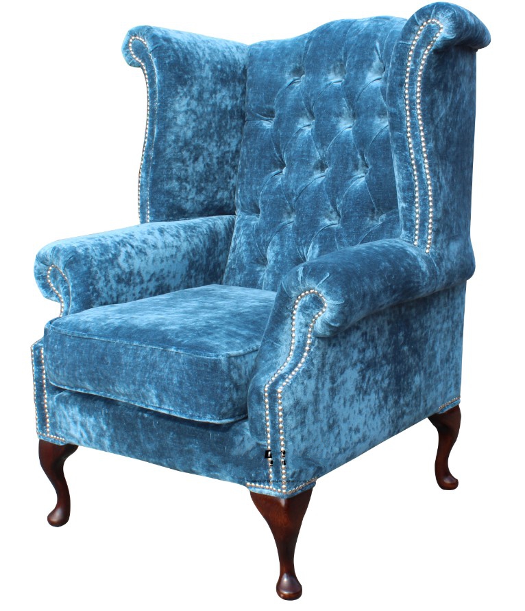 Product photograph of Chesterfield High Back Chair Elegance Teal Velvet Fabric In Bespoke Queen Anne Style from Chesterfield Sofas.
