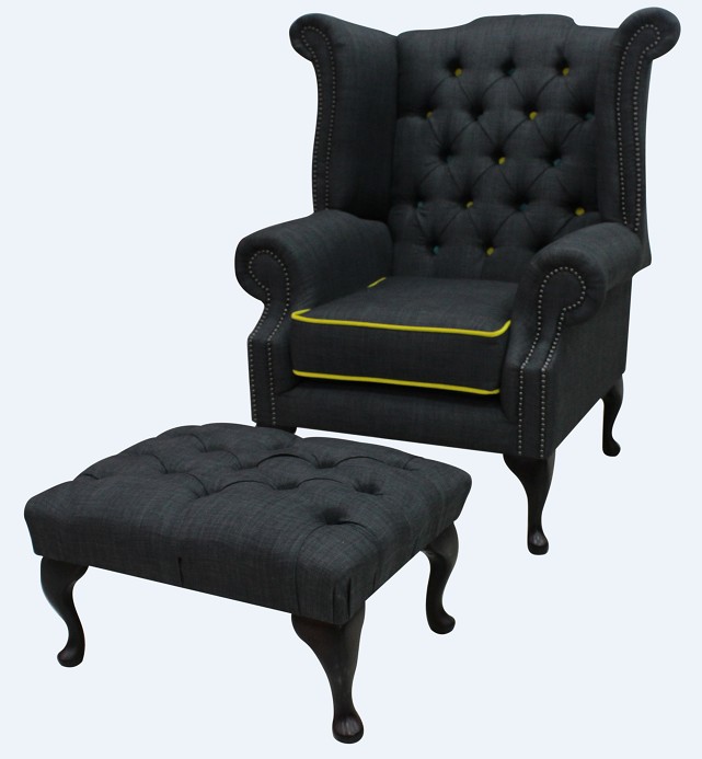 Product photograph of Chesterfield High Back Chair Footstool Charles Charcoal Yellow Trim Linen Fabric In Queen Anne Style from Chesterfield Sofas