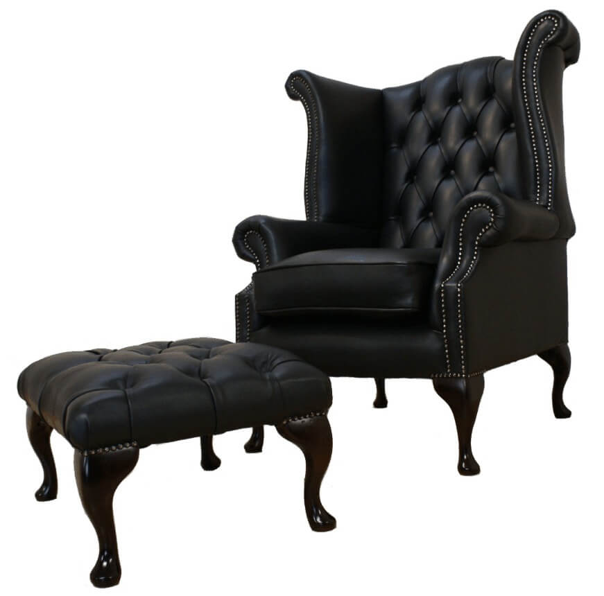 Product photograph of Chesterfield High Back Chair Footstool Shelly Black Leather In Queen Anne Style from Chesterfield Sofas