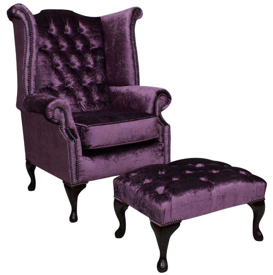 Product photograph of Chesterfield High Back Chair Footstool Shimmer Grape Velvet In Queen Anne Style from Chesterfield Sofas