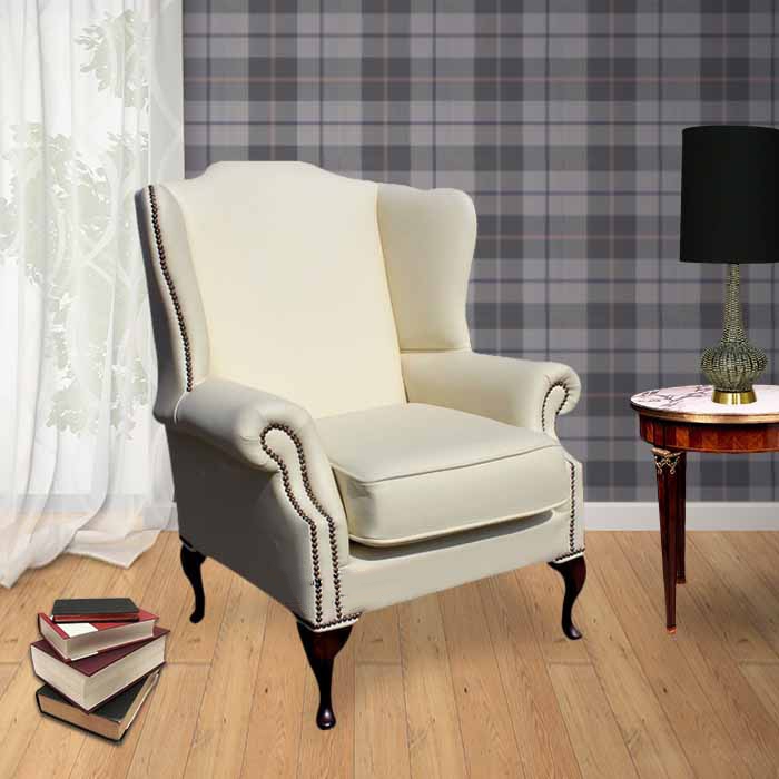 Product photograph of Chesterfield High Back Flat Wing Chair Cottonseed Cream Leather In Mallory Style from Chesterfield Sofas