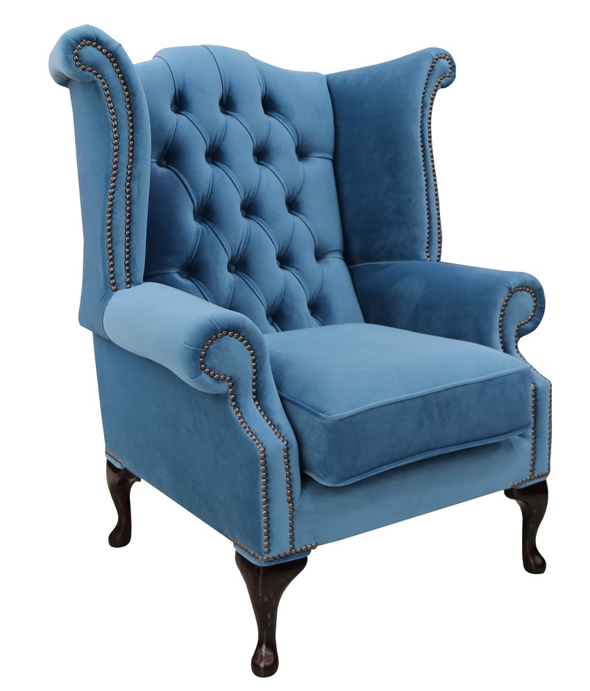 Product photograph of Chesterfield High Back Wing Chair Amalfi Cadet Blue Velvet In Queen Anne Style from Chesterfield Sofas