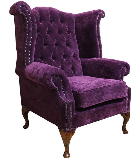 Product photograph of Chesterfield High Back Wing Chair Amethyst Purple Velvet Fabric In Queen Anne Style from Chesterfield Sofas