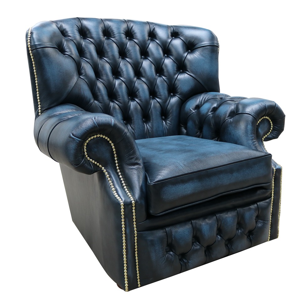 Product photograph of Chesterfield High Back Wing Chair Antique Blue Leather Armchair In Monks Style from Chesterfield Sofas