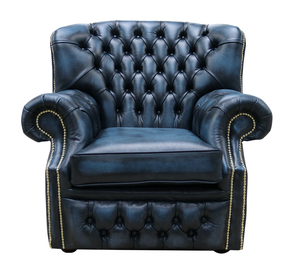 Product photograph of Chesterfield High Back Wing Chair Antique Blue Leather Armchair In Monks Style from Chesterfield Sofas.